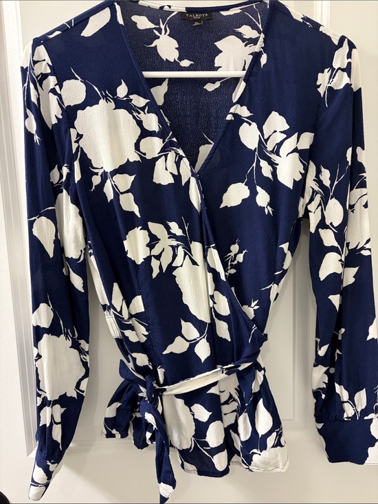 Talbots Tops - Talbots Navy and White Floral Wrap Blouse